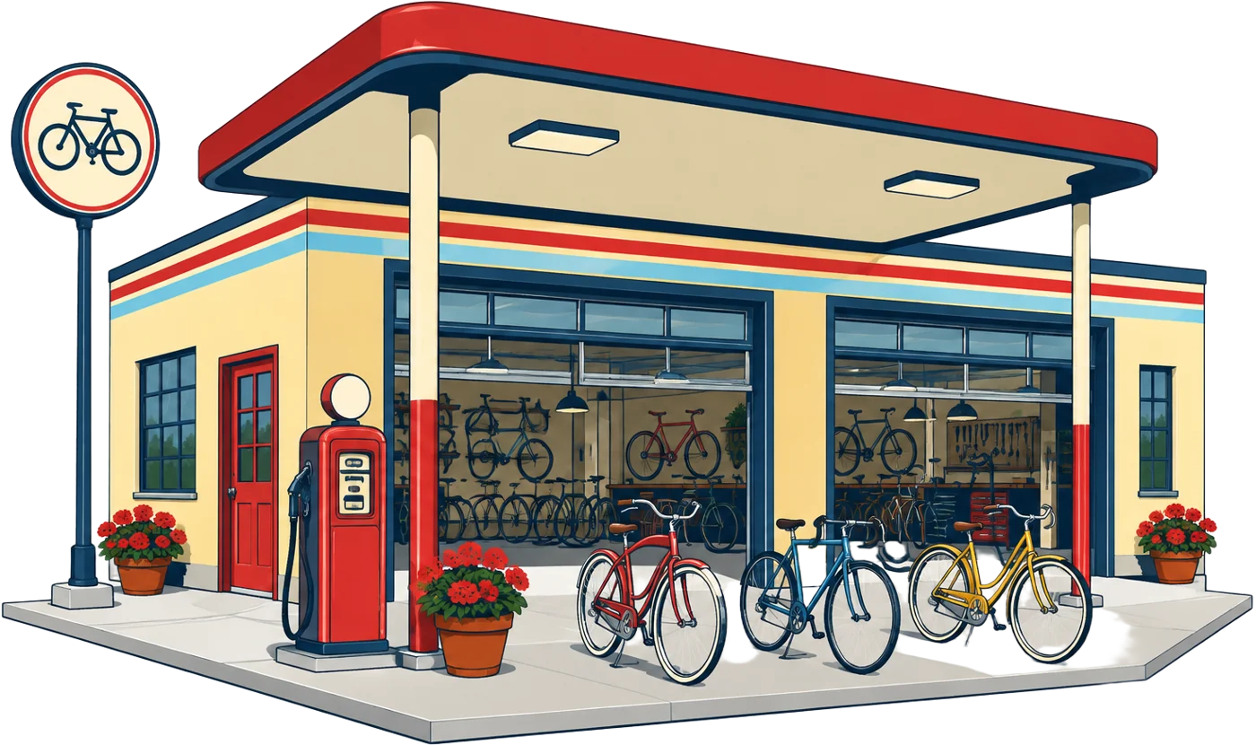 Illustration of the Pedalers Corner filling station shop